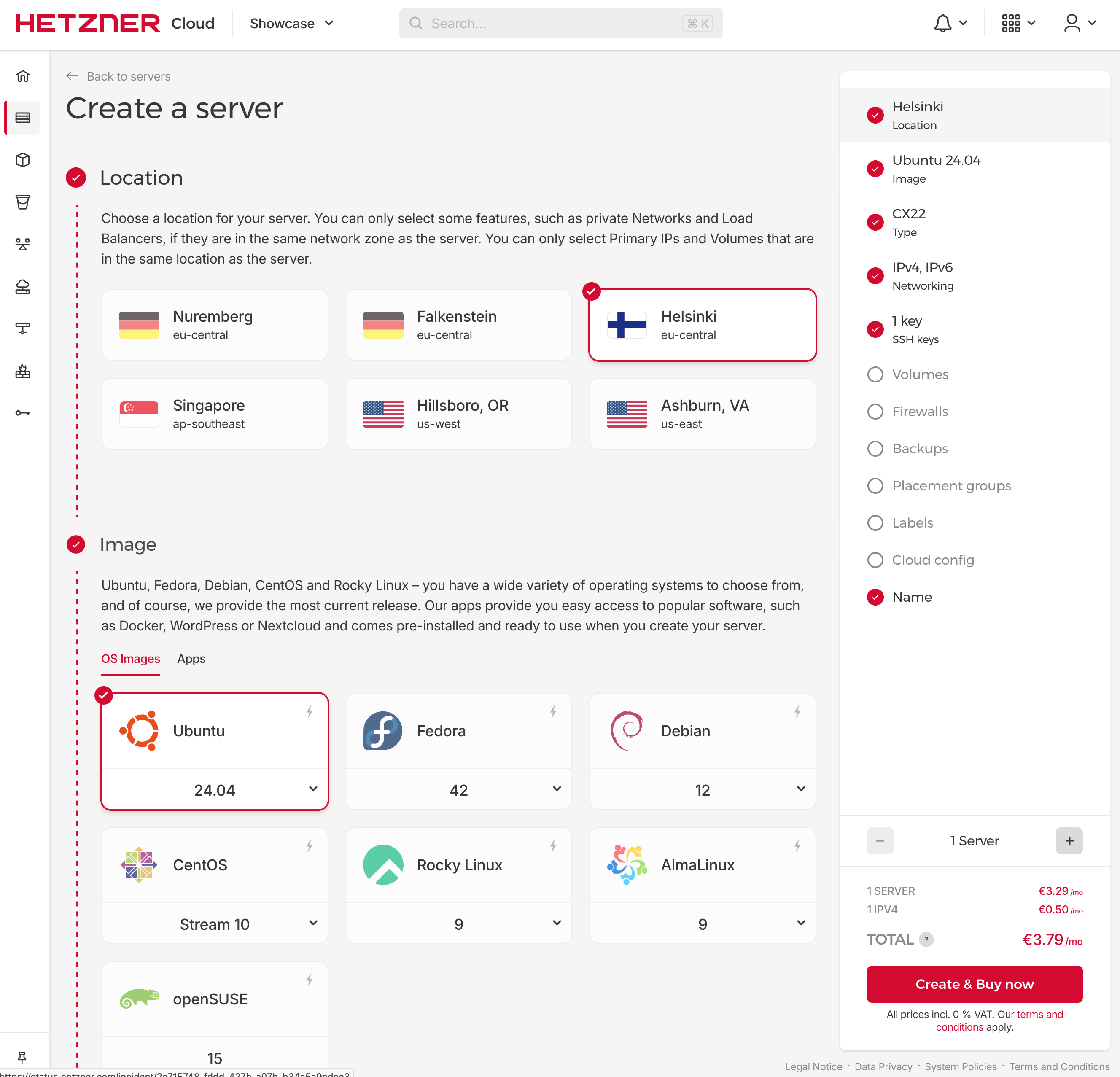 Create A Server - select location and OS